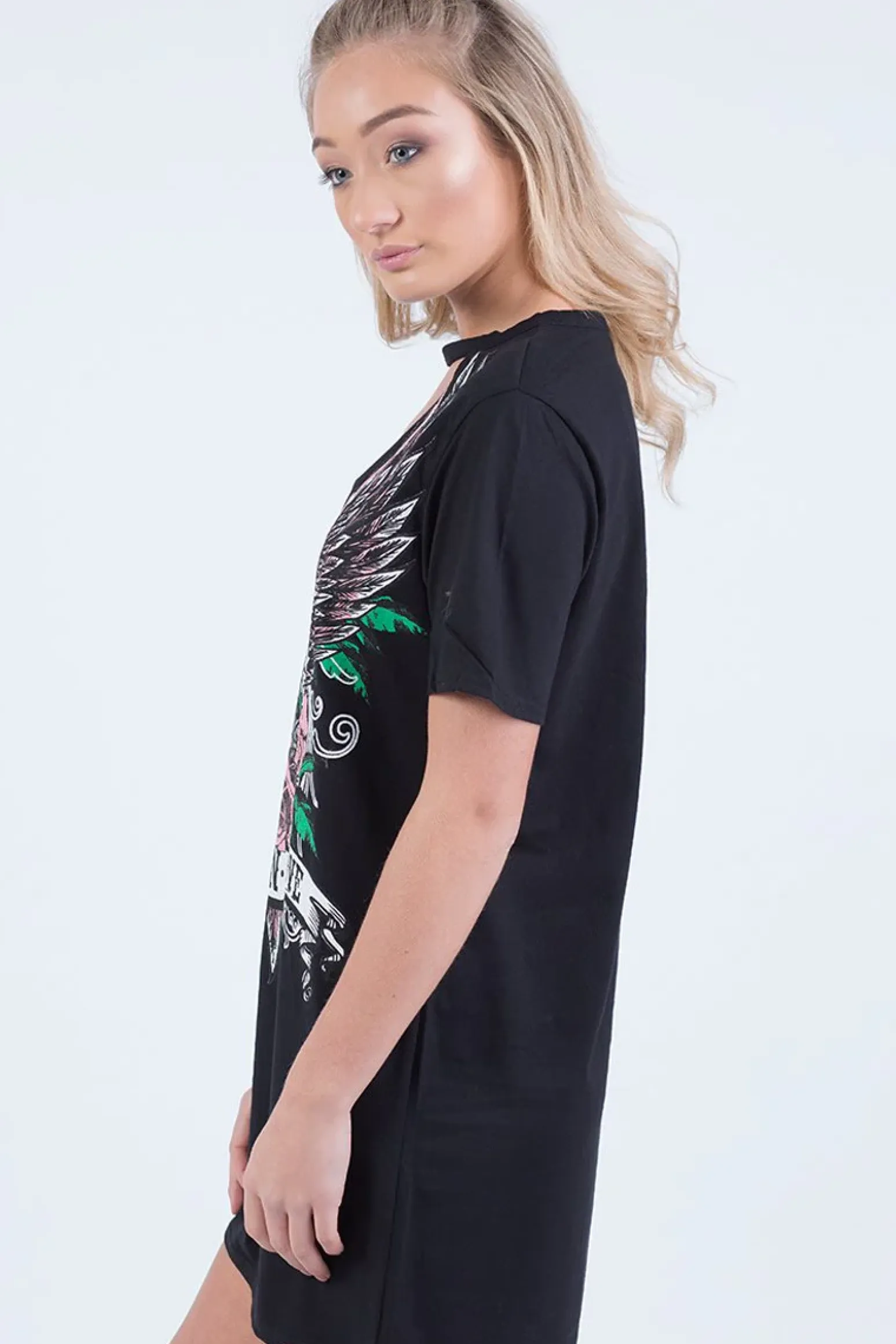 Rebellious Fashion Black Choker Live N Love Eagle Print T Shirt Dress - Tia