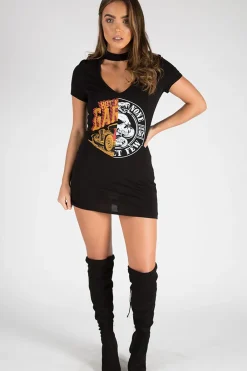 Rebellious Fashion Black Choker Neck Cut Out Slogan T-Shirt Dress - Sophie