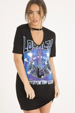 Rebellious Fashion Black Choker Neck Loyalty T-shirt Dress - Una