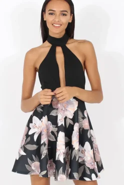 Rebellious Fashion Black Choker Plunge Floral Skater Dress - Gretchen