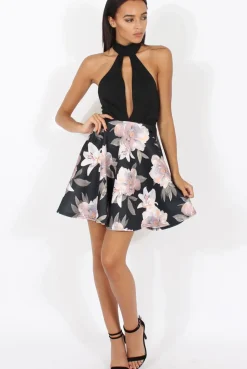 Rebellious Fashion Black Choker Plunge Floral Skater Dress - Gretchen