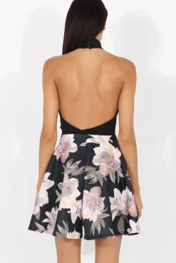 Rebellious Fashion Black Choker Plunge Floral Skater Dress - Gretchen