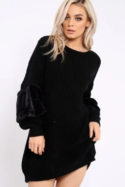 Rebellious Fashion Black Chunky Knit Fur Sleeve Jumper Dress - Jaycee
