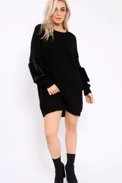 Rebellious Fashion Black Chunky Knit Fur Sleeve Jumper Dress - Jaycee