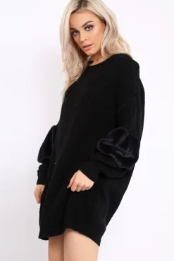 Rebellious Fashion Black Chunky Knit Fur Sleeve Jumper Dress - Jaycee