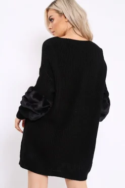 Rebellious Fashion Black Chunky Knit Fur Sleeve Jumper Dress - Jaycee