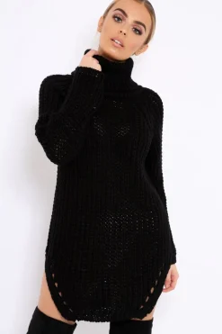 Rebellious Fashion Black Chunky Knit Roll Neck Cut Out Hem Jumper Dress - Catalina