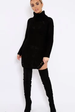 Rebellious Fashion Black Chunky Knit Roll Neck Cut Out Hem Jumper Dress - Catalina