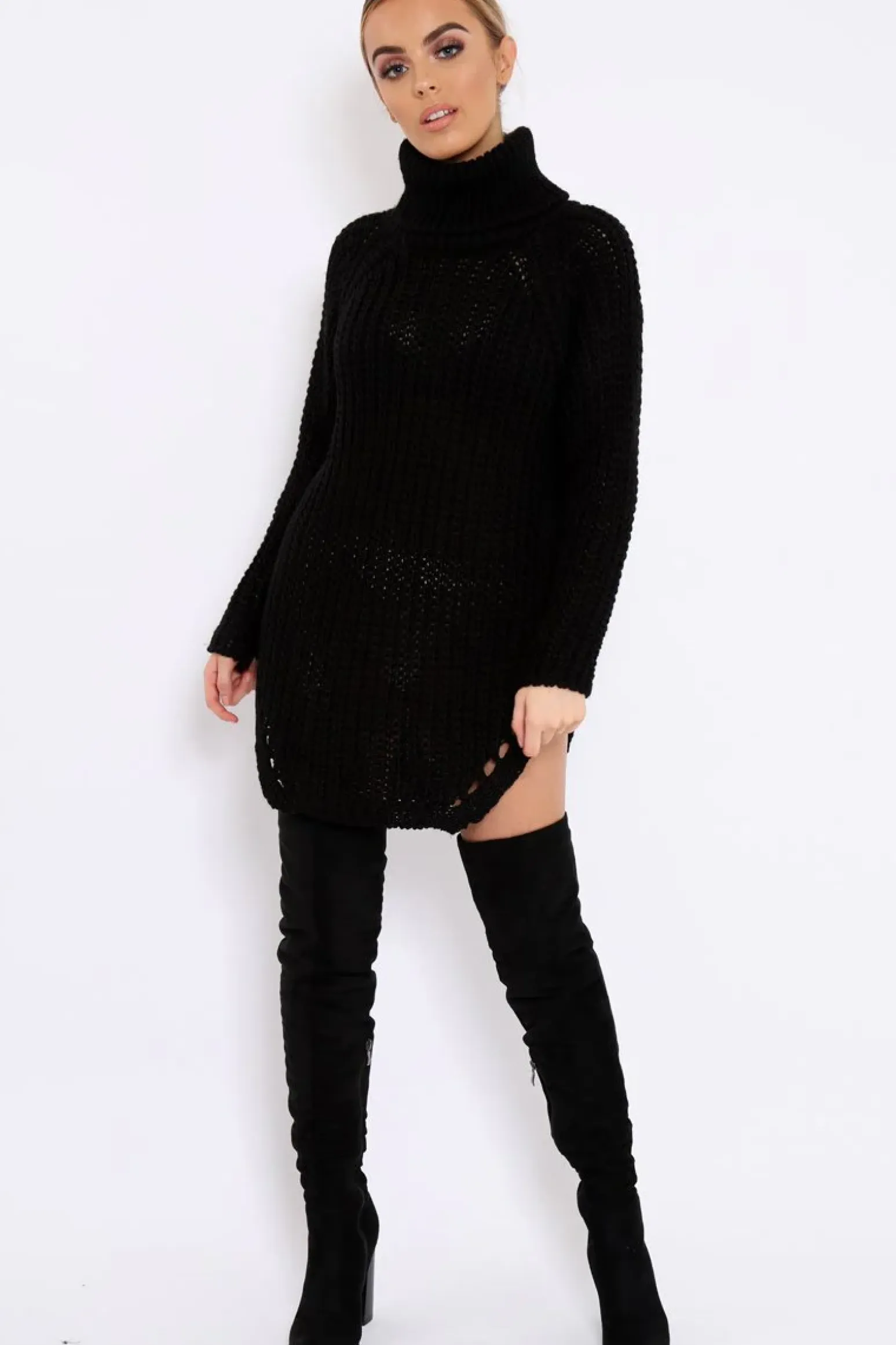 Rebellious Fashion Black Chunky Knit Roll Neck Cut Out Hem Jumper Dress - Catalina
