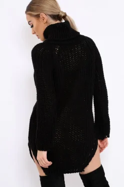 Rebellious Fashion Black Chunky Knit Roll Neck Cut Out Hem Jumper Dress - Catalina