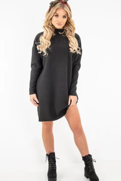 Rebellious Fashion Black Chunky Rib Slash Neck Jumper Dress - Kameron