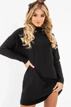 Rebellious Fashion Black Chunky Rib Slash Neck Jumper Dress - Kameron