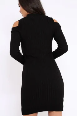 Rebellious Fashion Black Cold Shoulder and V Neck Cut Out Dress - Riona