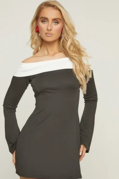 Rebellious Fashion Black Contrast Bardot Long Sleeve Mini Dress - Aurelia