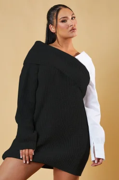 Rebellious Fashion Black Contrast Knit Oversized Mini Dress - Mae