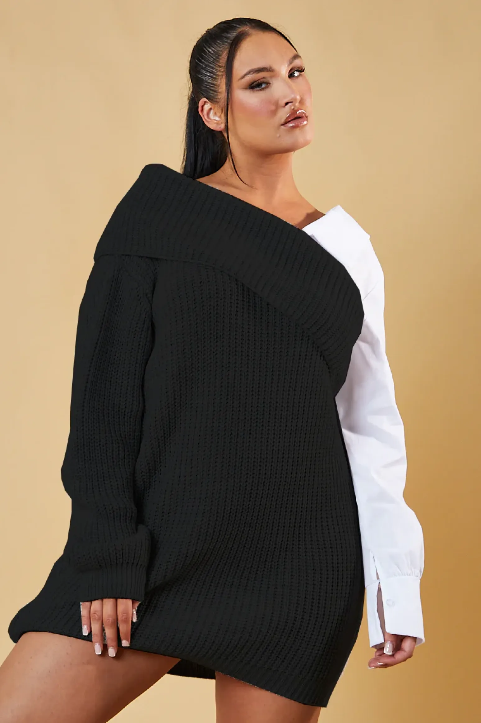 Rebellious Fashion Black Contrast Knit Oversized Mini Dress - Mae