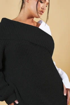 Rebellious Fashion Black Contrast Knit Oversized Mini Dress - Mae