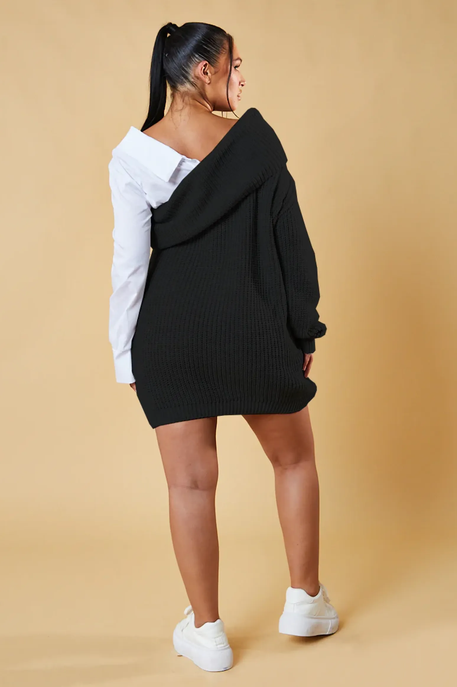 Rebellious Fashion Black Contrast Knit Oversized Mini Dress - Mae