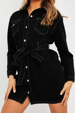 Rebellious Fashion Black Contrast Stitch Belted Denim Dress - Donia