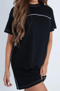 Rebellious Fashion Black Contrast Stitch T-Shirt Dress - Mari