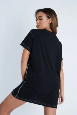 Rebellious Fashion Black Contrast Stitch T-Shirt Dress - Mari
