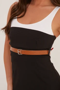 Rebellious Fashion Black Contrast Straps Belt Detail Mini Dress - Nira