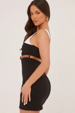 Rebellious Fashion Black Contrast Straps Belt Detail Mini Dress - Nira