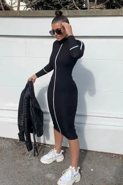 Rebellious Fashion Black Contrast Stripe Detail High Neck Midi Dress - Niana