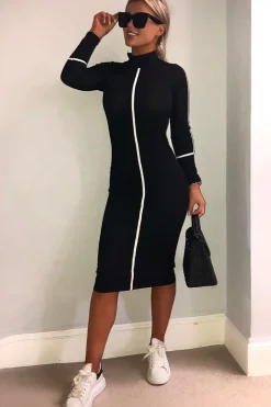 Rebellious Fashion Black Contrast Stripe Detail High Neck Midi Dress - Niana