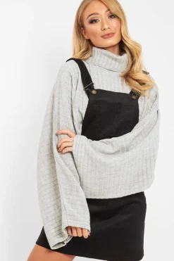 Rebellious Fashion Black Corduroy Pinafore Dungaree Dress - Ayona