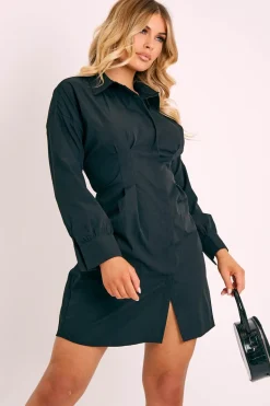 Rebellious Fashion Black Corset Back Tailored Shirt Dress - Damoni