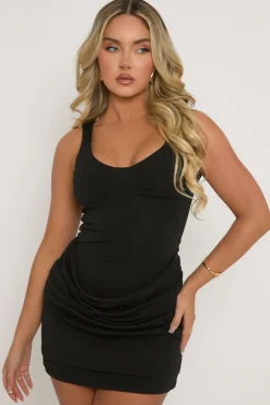 Rebellious Fashion Black Corseted Cowl Front Mini Dress - Carson