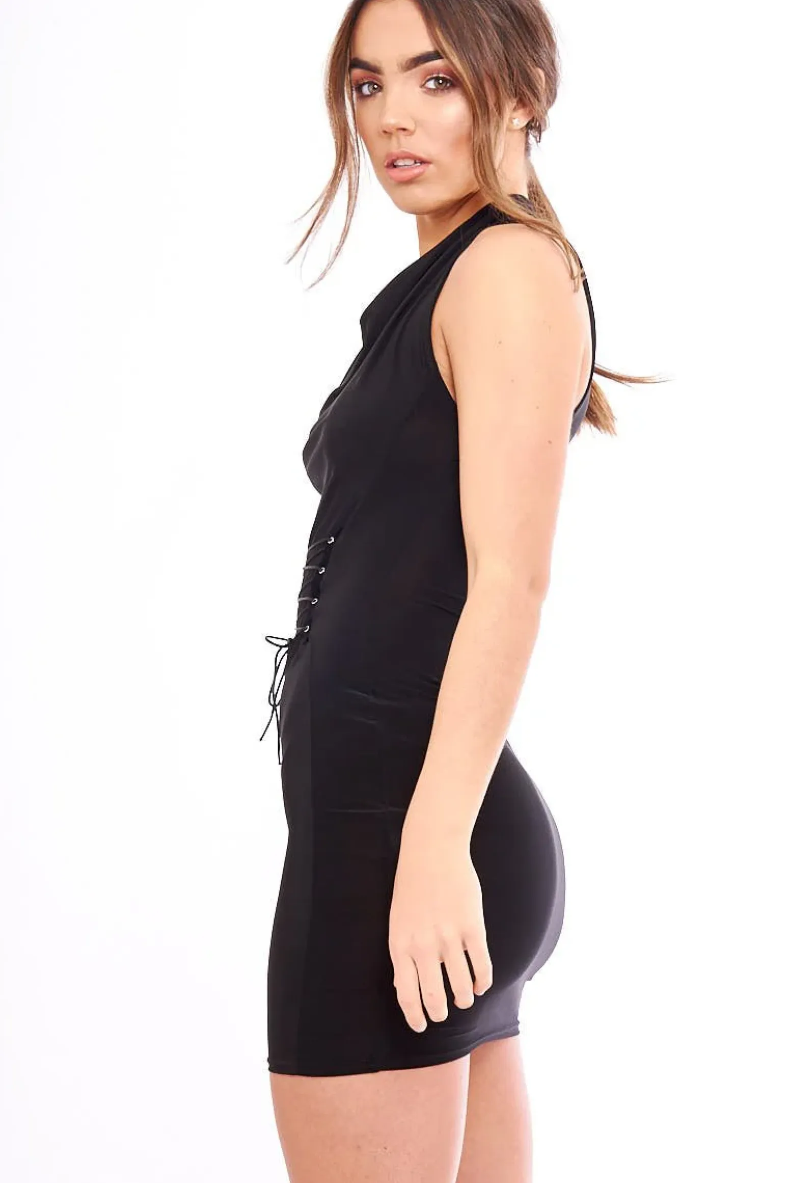 Rebellious Fashion Black Cowl Neck Corset Front Slinky Dress - Myanna