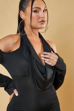 Rebellious Fashion Black Cowl Neck Off Shoulder Mini Dress - Elsie