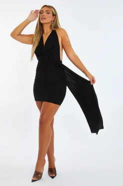 Rebellious Fashion Black Cowl Neck Ruched Mini Dress - Annalise