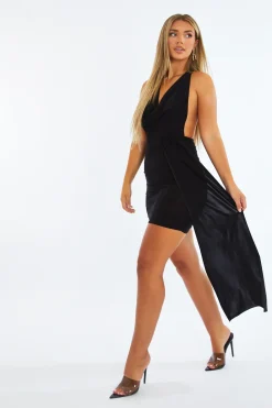 Rebellious Fashion Black Cowl Neck Ruched Mini Dress - Annalise
