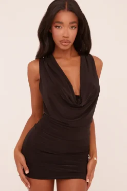 Rebellious Fashion Black Cowl Neck Sleeveless Bodycon Mini Dress - Clara
