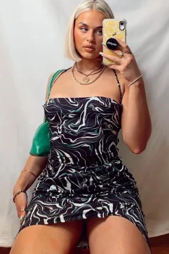 Rebellious Fashion Black Cowl Neck Swirl Print Satin Mini Dress - Shaylee