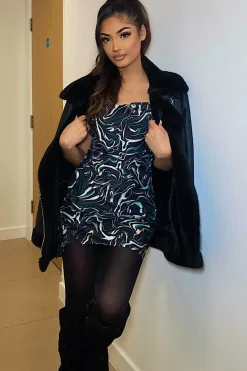 Rebellious Fashion Black Cowl Neck Swirl Print Satin Mini Dress - Shaylee