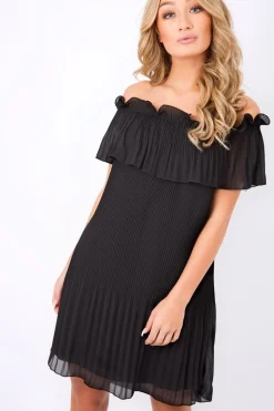 Rebellious Fashion Black Crinkle Bardot Ruffle Trim Dress - Kelsey