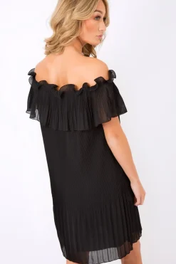 Rebellious Fashion Black Crinkle Bardot Ruffle Trim Dress - Kelsey