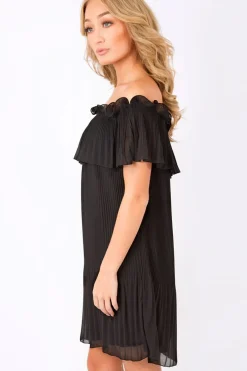 Rebellious Fashion Black Crinkle Bardot Ruffle Trim Dress - Kelsey