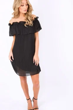 Rebellious Fashion Black Crinkle Bardot Ruffle Trim Dress - Kelsey