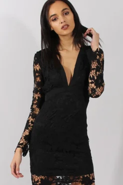 Rebellious Fashion Black Crochet Lace Plunge Dress - Adora