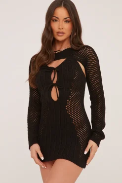 Rebellious Fashion Black Crochet Tie Front Long Sleeve Mini Dress - Kylar