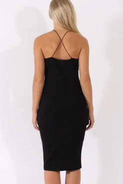 Rebellious Fashion Black Crochet Trim Plunge Bodycon Dress - Buffy