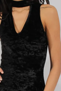 Rebellious Fashion Black Crushed Velvet Choker Dress - Serina