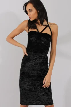 Rebellious Fashion Black Crushed Velvet Harness Midi Dress - Chanel