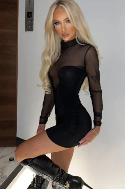 Rebellious Fashion Black Curved Bust Mesh Detail Dress - Emmy