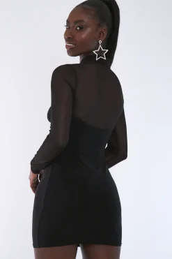 Rebellious Fashion Black Curved Bust Mesh Detail Dress - Emmy